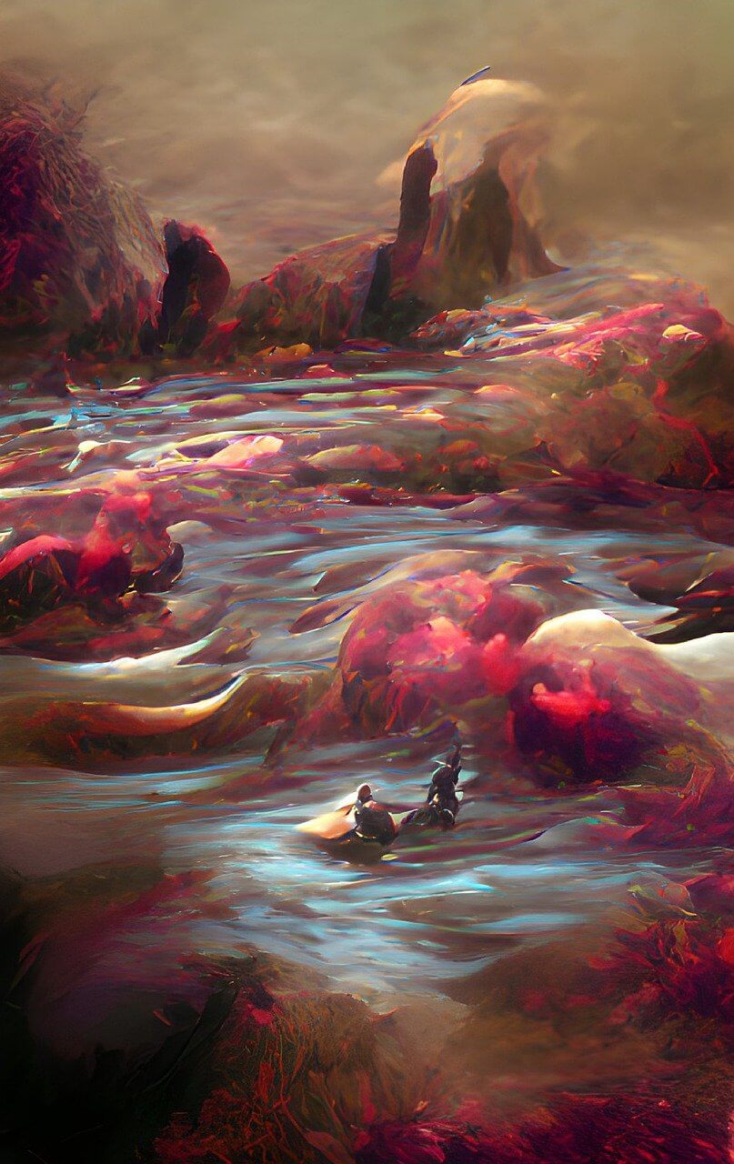Painting of two souls navigation the Hades river