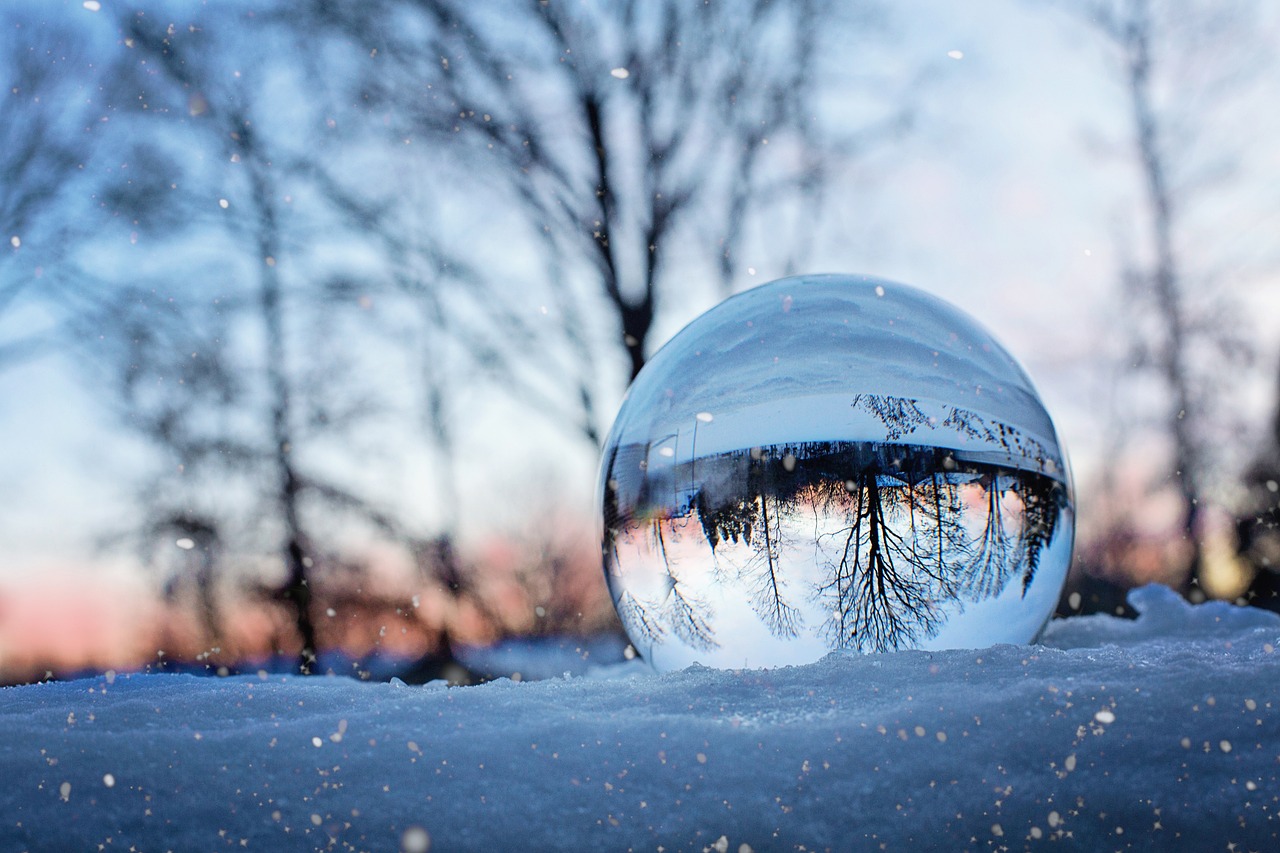 Crystal ball in the snow reflecting trees