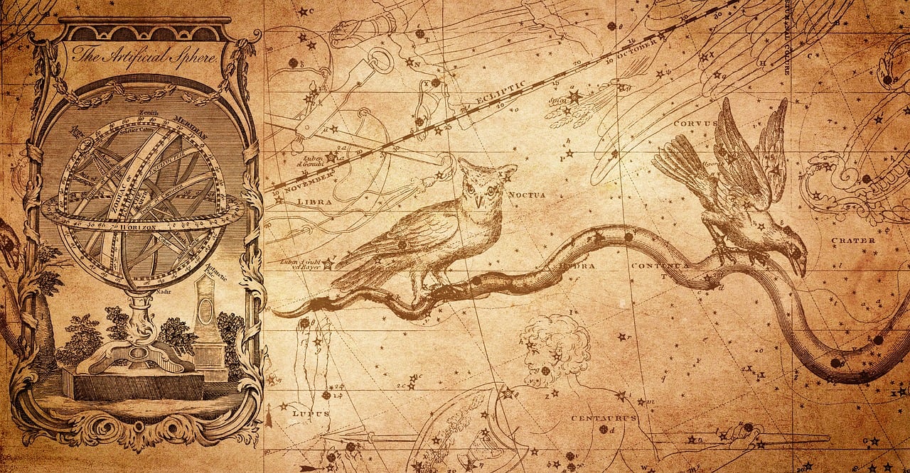 An antique star map with constellations and celestial instruments