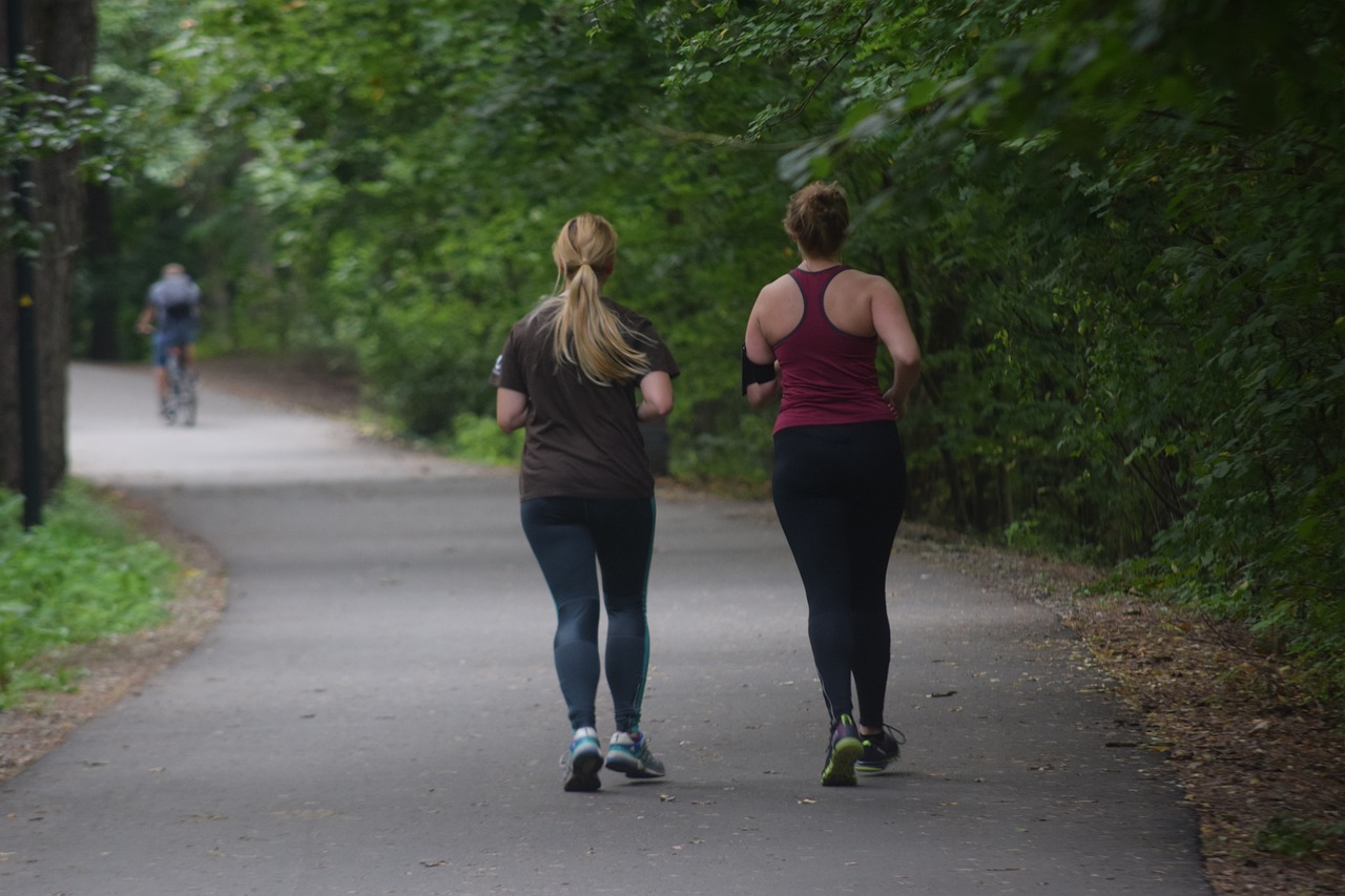 People jogging in a park surrounded by trees