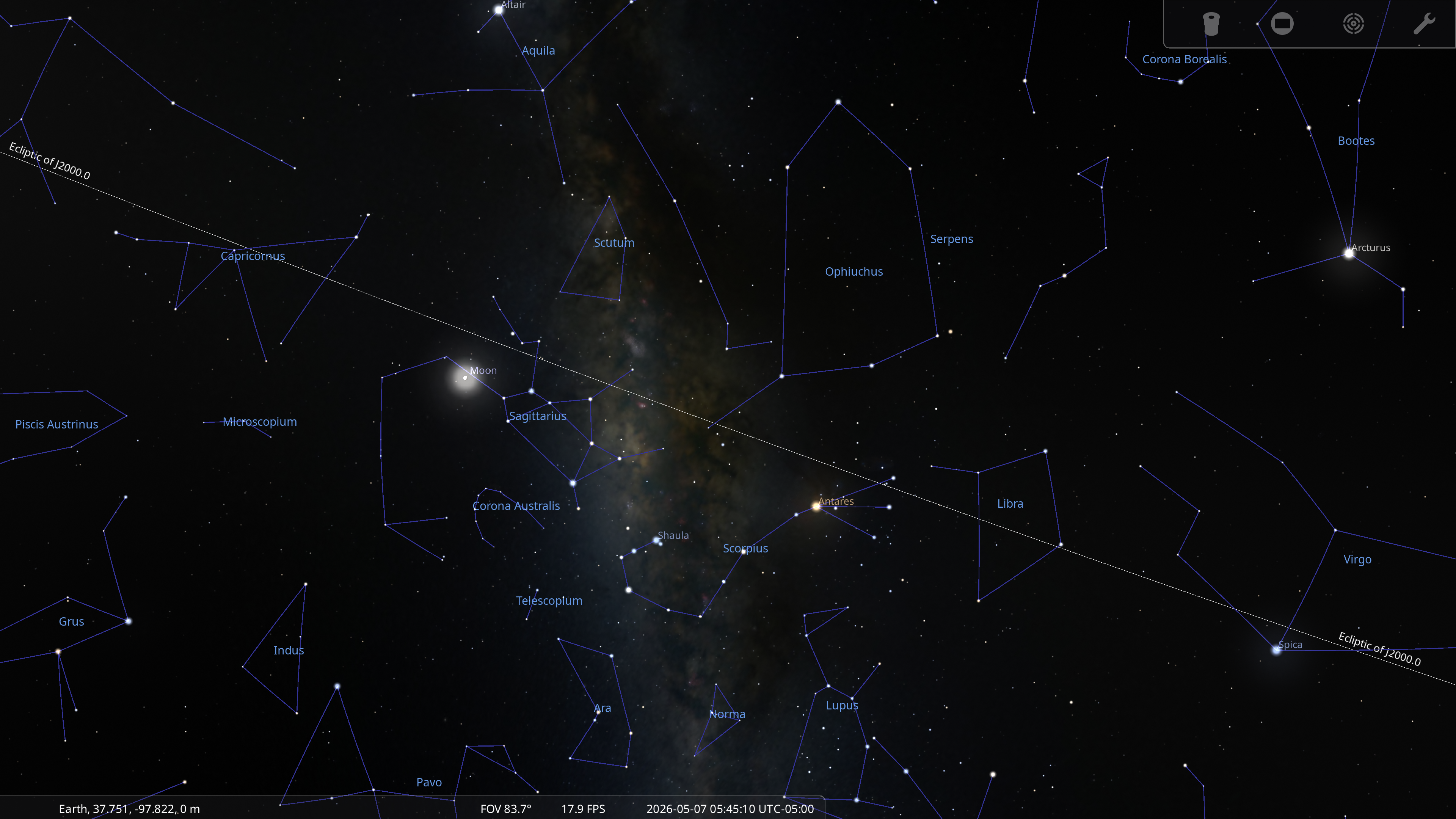 Stellarium screenshot showing the boundaries of Ophiuchus along the ecliptic
